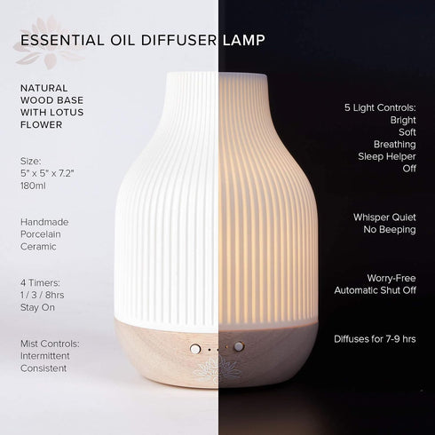 Settings Sacred Lotus Love Ceramic Essential Oil Diffuser Ultrasonic Aroma Diffuser with Wood Base, Ambient LED Light
