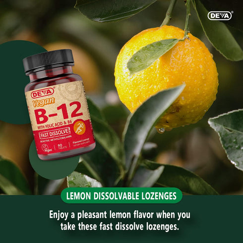 DEVA Vegan Vitamin B12 Fast Dissolve Supplement - 1000 Mcg, Lemon Flavor, 90 Tablets