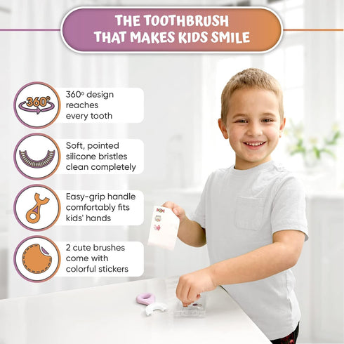 Kids' U Shaped Toothbrush Age 2-6 - 2 Premium Soft Toothbrushes with Travel Cases, Round Silicone Head