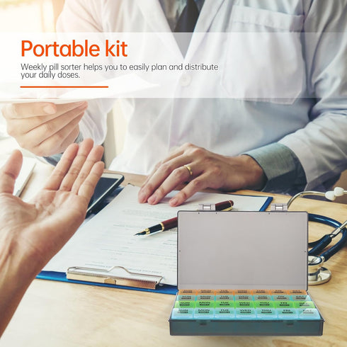 SOPOTUTU 28-Compartment Large Capacity Weekly Pill Organizer, Portable Medication Dispenser with Separate Slots