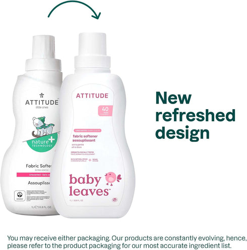 ATTITUDE Baby Fabric Softener, Plant and Mineral-Based Ingredients, HE Compatible, Vegan and Cruelty-free Laundry and Household Products, Unscented, 40 Loads, 33.8 Fl Oz