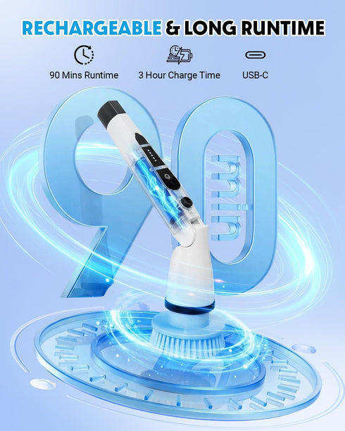 Torlaist 7 2-Speed 54in Electric Spin Scrubber, Shower Scrubber with Long Handle, Brush Heads, Cordless Bathroom