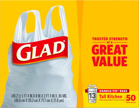 Glad Trash Bags, 13 Gallon White Handle-Tie Garbage Bags, 50 Count (Package May Vary)