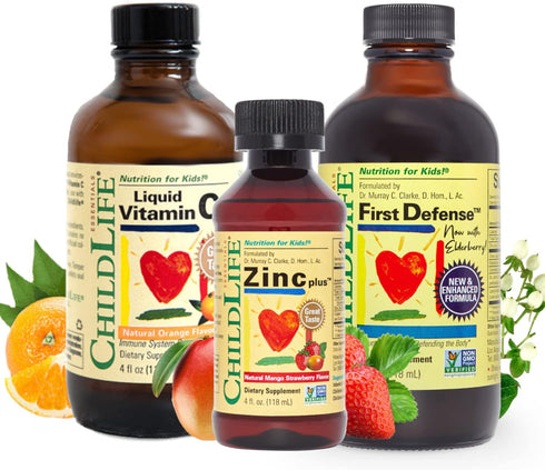 CHILDLIFE ESSENTIALS Immune Support Bundle - Vitamin C, First Defense, & Zinc for Kids, All-Natural, Allergen-Free,