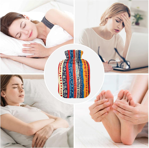 tplaotee 2Lwater Tummy Red and Blue Stripe Pattern Doodle Art hot Waterbottle with Soft Cover, Bags for Warmer,Pain