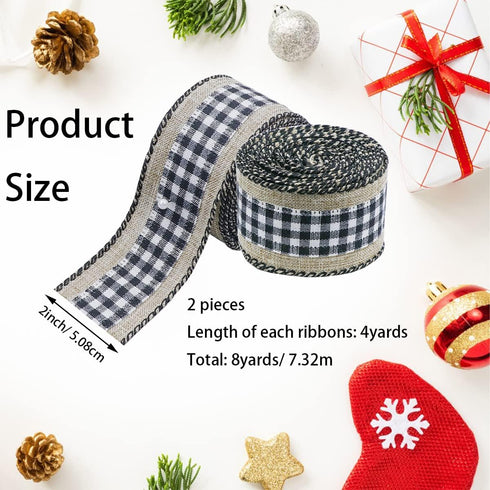 2 Rolls 8 Yards Buffalo Plaid Ribbons Burlap Wired Edge Plaid Ribbons 2 Inch Wide Check Gingham Fabric Craft Ribbon for Gift DIY Bows Home Party Wrapping Wreath Decoration 4 Yards Each Roll (Style 2) by REDANHA