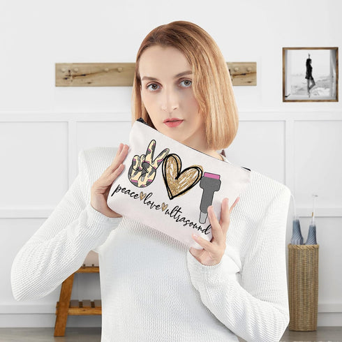 WZMPA Sonography Tech Makeup Bag, Peace Love Ultrasound Zipper Pouch for Radiologist Graduation Student
