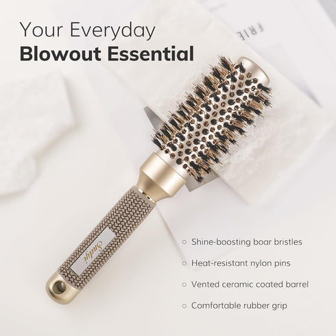 Sndyi 1.3 Inch Small Round Brush for Blow Out, Nano Thermal Ceramic Ionic Hair Brush with Boar Bristles