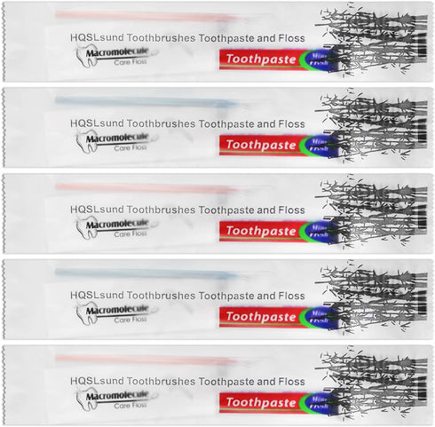 100 Pack Disposable Toothbrushes with Toothpaste Floss, Individually Wrapped Travel Kit for Homeless, Airbnb