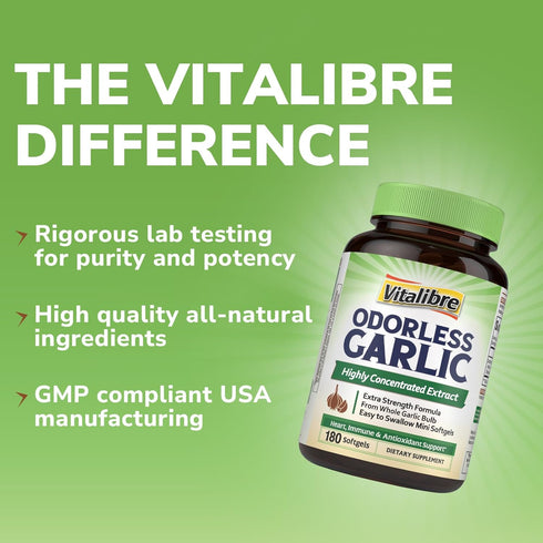 Immunity, 180 Vitalibre Odorless Garlic, Extra Strength Extract, Non-GMO, No Gluten, Heart & Antioxidant Defense