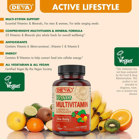 DEVA Vegan Multivitamin and Mineral Supplement - Once-Per-Day Formula with Greens, 90 Coated Tablets