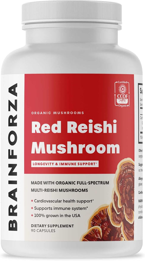 Brain Forza Organic Red Reishi Mushroom Capsules, 90 Capsules for Immune Support & Wellness
