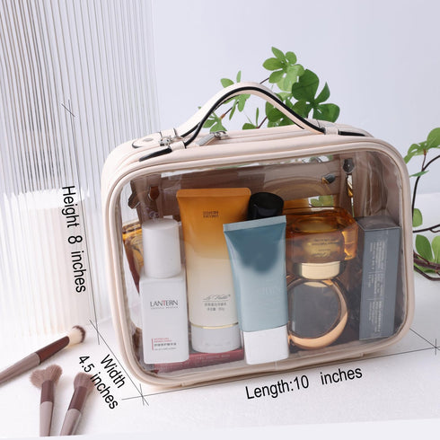 Traveling Toiletry Case, Large Clear Cosmetics Makeup Bag Dimensions | LxWxH:10” x 4.5” x 8” (Beige, Medium)