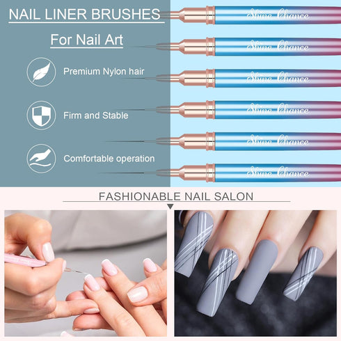 Shince Chance 6Pcs Nail Art Liner Brushes Set, Blue Fine Drawing Brush Pens for Gel Polish and Acrylic Nail Art