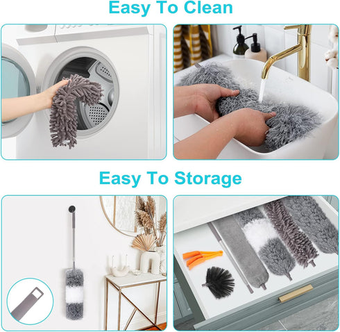 12pcs Microfiber Dusters with Extension Pole (Stainless Steel) 30 to 100'', Washable, Bendable Long Feather Duster for