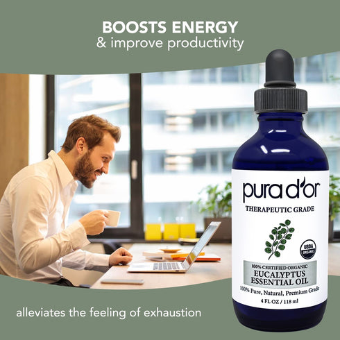 PURA D'OR Organic Eucalyptus Essential Oil - 4oz with Glass Dropper, 100% Pure & Natural for Hair, Body, Skin