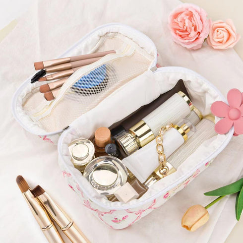 Large Travel Quilted Makeup Bag, Cute Bow Cotton Cosmetic Bag, Fashionable Aesthetic Toiletry Bag