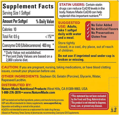 Nature Made CoQ10 (Coenzyme Q 10) 400 mg Softgels, 1 Pack