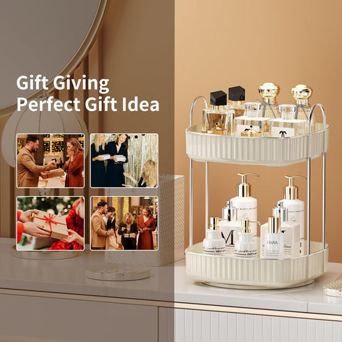 YCIA&DONE 360 Rotating Makeup Organizer - 2 Tiers Square Shaped Vanity Storage in Warm White