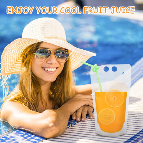 Ozera 100 16 Oz 100 Pcs Drink Pouches, Reusable Juice Pouches for Adults, Heavy Duty Plastic Smoothie Bags With Straws