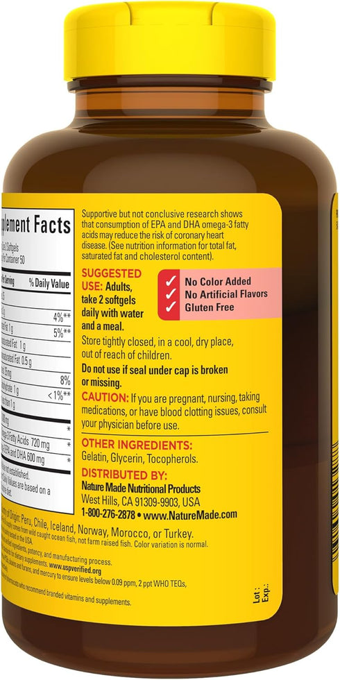 Nature Made Fish Oil 1200 mg Softgels | Omega 3 Fish Oil for Healthy Heart Support | 100 Softgels, 50 Day Supply