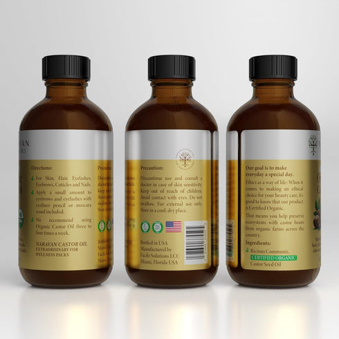 Narayan Organic Castor Oil (4 Fl Oz GLASS BOTTLE) USDA Certified Natural Hexane Free Cold Pressed — For Hair Growth, Eyelashes, Eyebrows & Skin — Extraordinary for Wellness Packs — Includes Beauty Kit