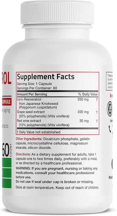 Bronson Resveratrol 500 Complex Standardized Trans-Resveratrol + Grape Seed & Red Wine Extract, 60 Capsules