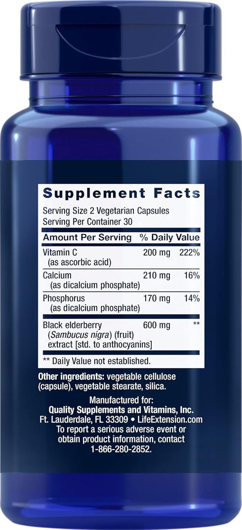 Life Extension Black Elderberry + Vitamin C, Everyday Immune Support, Gluten Free, Non-GMO, Vegetarian, 60 Capsules