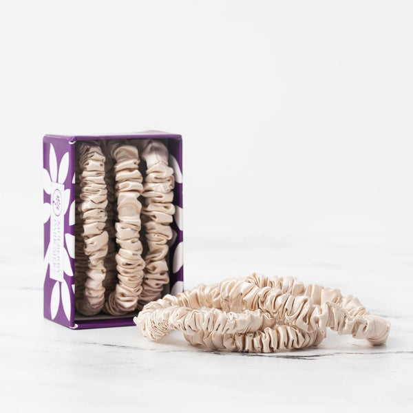 Mulberry Park Silks 100% Pure Silk Scrunchies, 3 Pack - Prevents Frizz, Gentle on All Hair Types, Small (Sand)