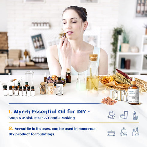 HIQILI Myrrh Essential Oil, 100% Pure & Natural for Skin, Massage, Pain Relief - 1.01 Fl Oz
