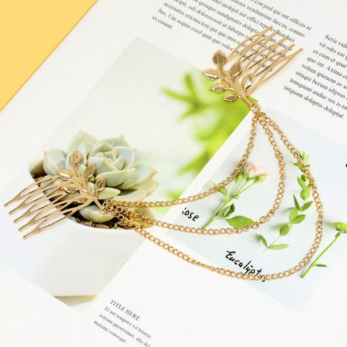 yueton 2pcs Fashion Ladies Athena Olive Branch Tassel Leaf Clips - Barrettes Bobby Pin Hair Clips for Bride Headwear