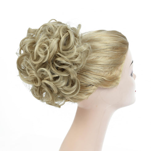 Rose Bud Curly Bun Hairpiece Extensions, Light Ash Blonde Messy Updo Scrunchie with Combs for Women