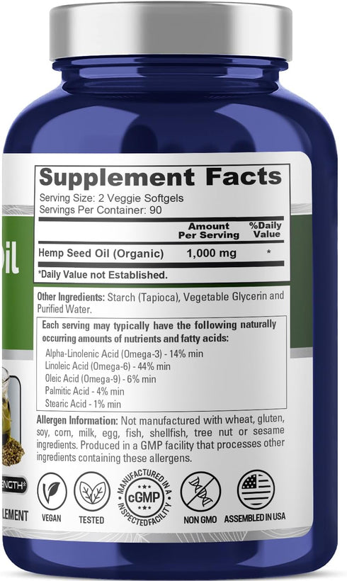 NusaPure Hemp Oil Capsules, 1,000mg Per Serving, 180 Non-GMO Veggie Softgels