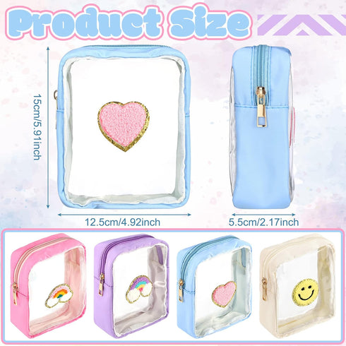 4 Pcs Preppy Patch Makeup Bag Cute Chenille Letter Pouch Cosmetic Makeup Cases Toiletry Bag with Zipper Travel Organizer Stuff Skincare Bags for Girl Women Nurse(Transparent Surface)