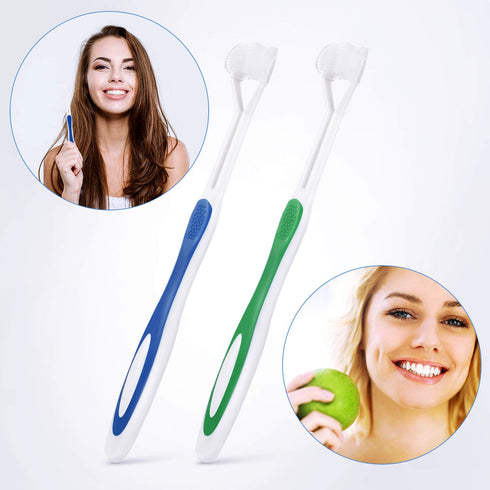 2 Pieces Autism Toothbrush, Three Bristle Travel Toothbrush for Complete Teeth and Gum-Care, Green, Blue