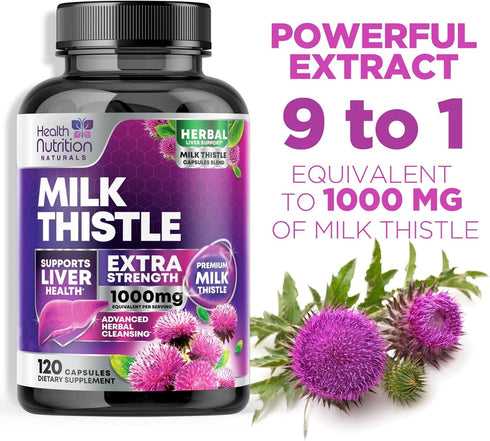 Milk Thistle Supplement 1000mg | 120 Capsules | Liver Cleanse Detox & Repair Formula with Herbal Extracts