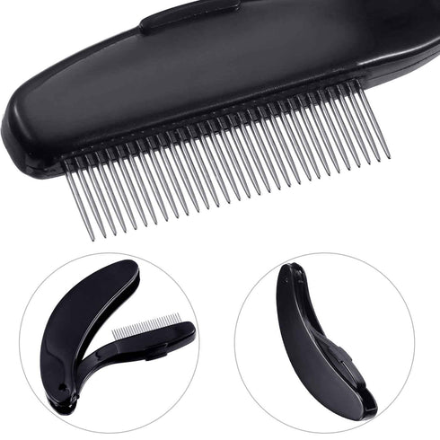 TecUnite 4 Packs Folding Eyelash Comb, Stainless Steel Teeth Eyebrow Comb and Lash Brush (Black)