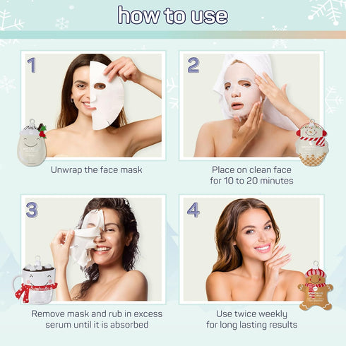SpaLife Holiday Treats Facial Masks 12-Pack - Festive Christmas Skincare for Soothing and Nourishing