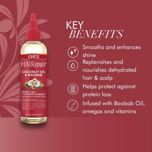 ORS HAIRepair Coconut Oil and Baobab Vital Oils, Lightweight Hair Oil, Fast Absorbing (4.3 oz)