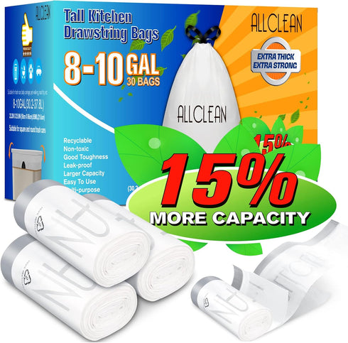 Ultra Strong Trash Bags, 8-10 Gallon Medium Kitchen Drawstring, 30 Counts, Food Storage Plastic Garbage Bags for