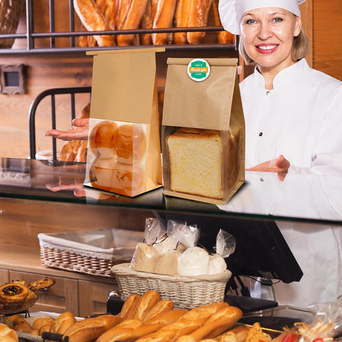 SixWeKit 50 Pack 11" 5.1" 3.9" Packaging Kraft Paper Bread Bags with Clear Window, x x Bakery Bags Tin Tie Tab Lock