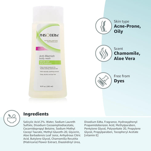 pHisoderm Anti-Blemish Body Wash for Acne, 10 fl oz Bottle