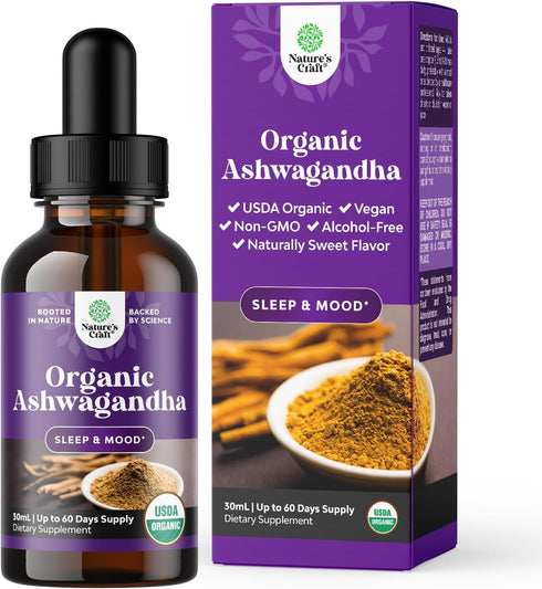 USDA Organic Ashwagandha Liquid Drops - Vegan Root Extract for Energy, Stress, Mood Support, Non-GMO