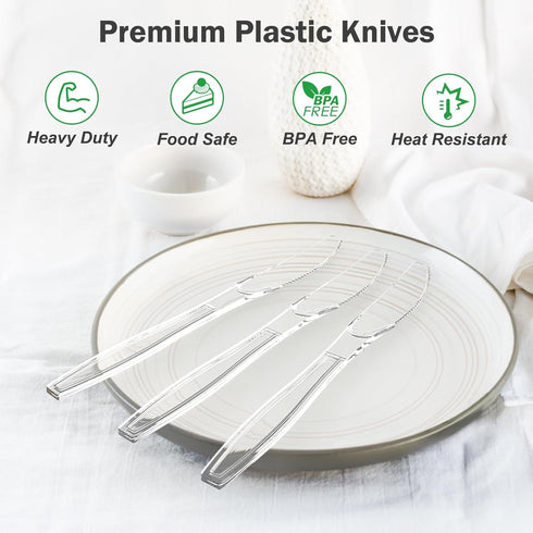 300 Count Extra Heavy Duty Clear Plastic Knives, BPA-Free, Durable Disposable Knives for Party Supply
