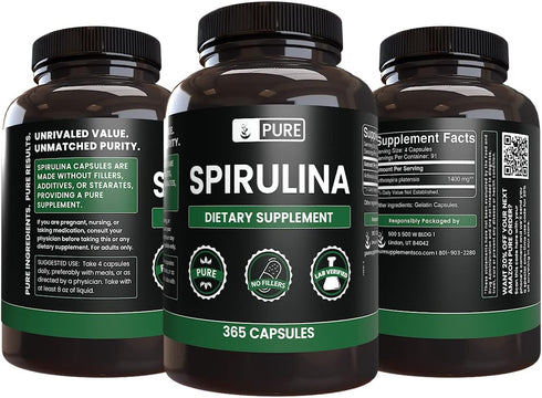 Pure Original Ingredients Spirulina (365 Capsules) No Magnesium Or Rice Fillers, Always Pure, Lab Verified