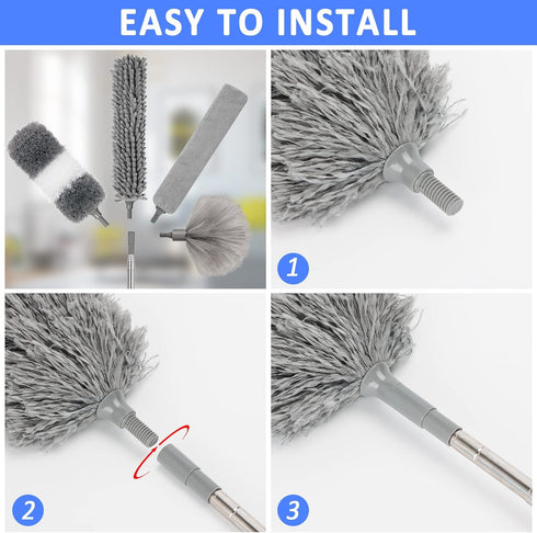Microfiber Duster Kit 23pcs with 30 to 100 Inches Extension Pole and Washable Bendable Feather Duster for Cleaning