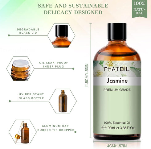 3.38 FL OZ Jasmine Essential Oil with Glass Dropper for Aromatherapy, Diffusers, DIY Candle and Soap Making