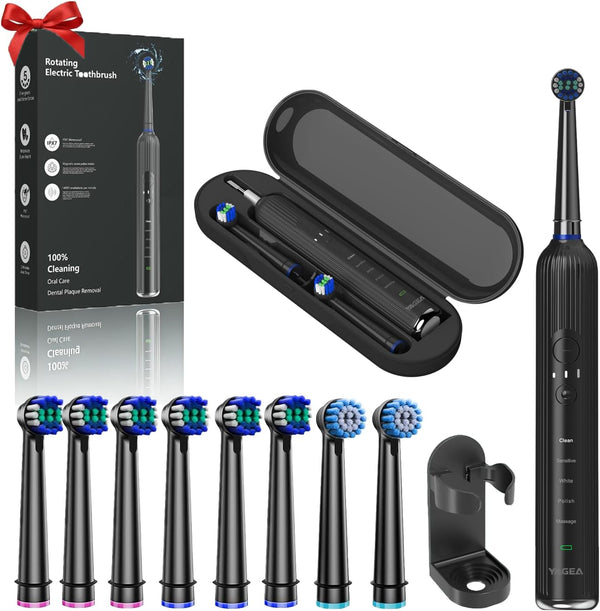 YAGEA Rotating Electric Toothbrush for Adults with 8 Brush Heads, Travel Case, 5
