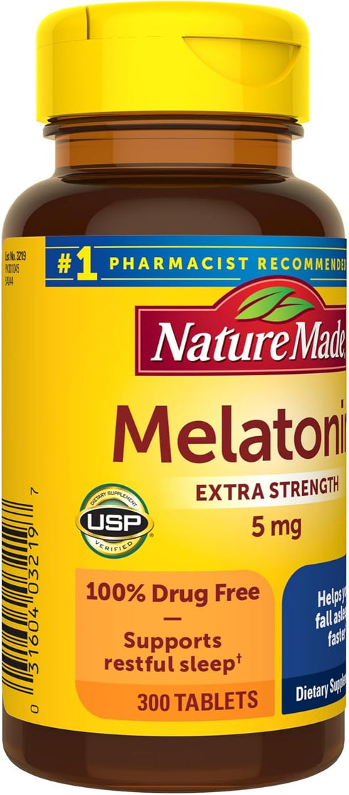 Nature Made Melatonin 5mg Extra Strength Tablets, 100% Drug Free Sleep Aid for Adults, 300 Tablets, 300 Day Supply