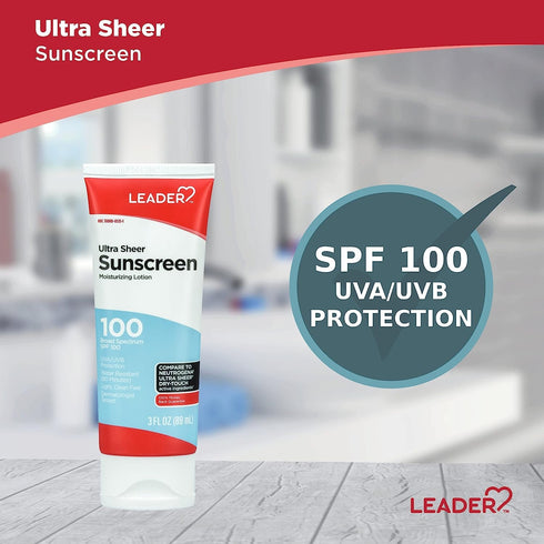 Leader Travel Sunscreen SPF 100+, Ultra Sheer Dry-Touch Water Resistant Lotion, 3 Fl Oz